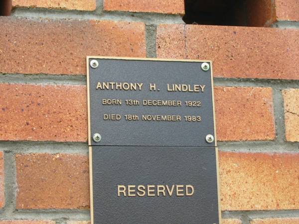 Anthony H. LINDLEY,  | born 13 Dec 1922,  | died 18 Nov 1983;  | Goomeri cemetery, Kilkivan Shire  | 