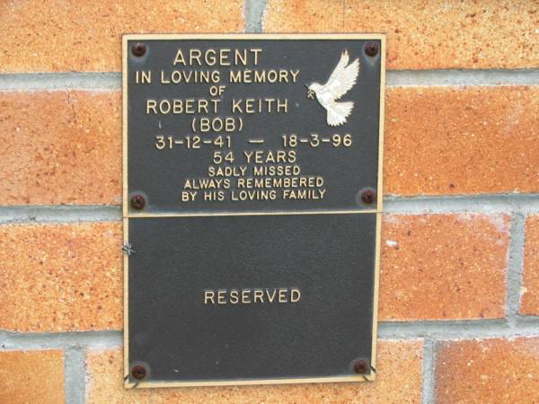 Robert Keith (Bob) ARGENT,  | 31-12-41 - 18-3-96 aged 54 years,  | remembered by family;  | Goomeri cemetery, Kilkivan Shire  | 