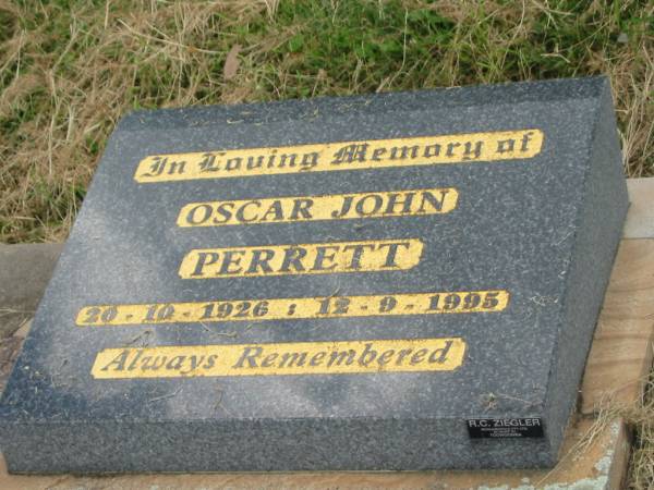 Oscar John (Occie) PERRETT,  | 20-10-1926 - 12-9-1995;  | Goomeri cemetery, Kilkivan Shire  | 