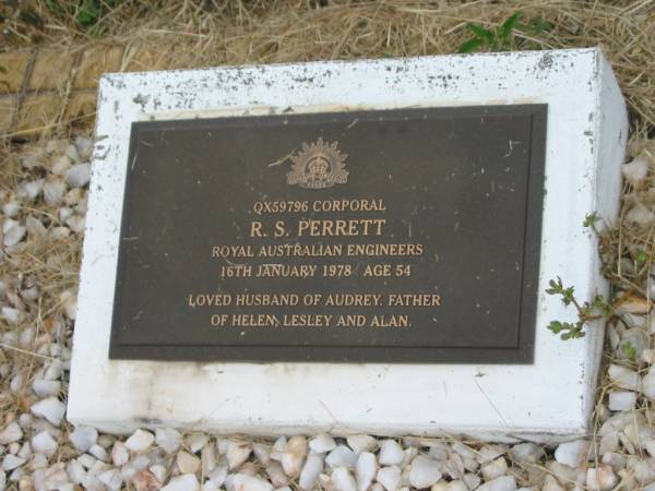 R.S. PERRETT,  | died 16 Jan 1978 aged 54 years,  | husband of Audrey,  | father of Helen, Lesley & Alan;  | Goomeri cemetery, Kilkivan Shire  | 