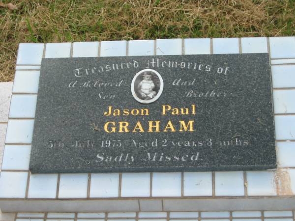 Jason Paul GRAHAM,  | son brother,  | died 5 July 1975 aged 2 years 3 months;  | Goomeri cemetery, Kilkivan Shire  | 