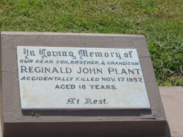 Reginald John PLANT,  | son brother grandson,  | accidentally killed 17 Nov 1957 aged 18 years;  | Goomeri cemetery, Kilkivan Shire  | 