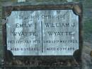 
Emily WYATTE,
died 13 July 1932 aged 63 years;
William J. WYATTE,
died 13 May 1933 aged 63 years;
Grandchester Cemetery, Ipswich
