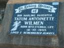 
Tatum Antoinette WILMEN, daughter,
died 18 Oct 1995;
Grandchester Cemetery, Ipswich
