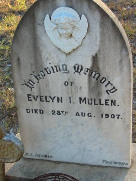 Evelyn I. MULLEN,  | died 28 Aug 1907;  | Grandchester Cemetery, Ipswich  | 