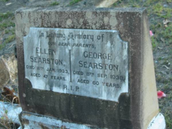 parents,  | Ellen SEARSTON,  | died 11 Jan 1933 aged 47 years;  | George SEARSTON,  | died 8 Sept 1939 aged 60 years;  | Grandchester Cemetery, Ipswich  | 