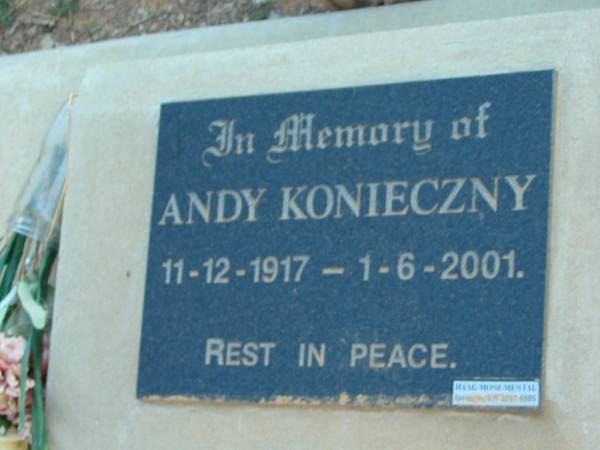 Andy KONIECZNY,  | 11-12-1917 - 1-6-2001;  | Grandchester Cemetery, Ipswich  | 