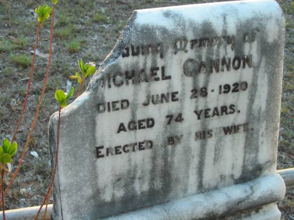 Michael CANNON,  | died 28 June 1920 aged 74 years,  | erected by wife;  | Grandchester Cemetery, Ipswich  | 