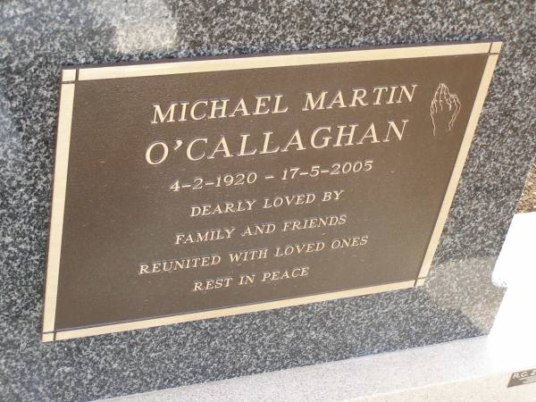 Michael Martin O'CALLAGHAN,  | 4-2-1920 - 17-5-2005;  | Greenmount cemetery, Cambooya Shire  | 
