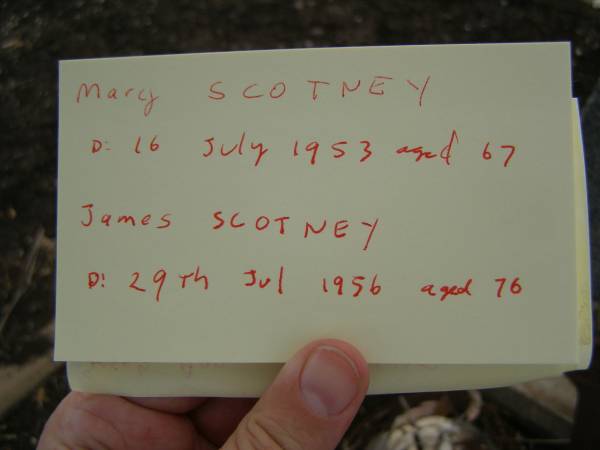 Mary SCOTNEY,  | died 6 July 1953 aged 67 years;  | James SCOTNEY,  | died 29 July 1956 aged 76 years;  | Greenmount cemetery, Cambooya Shire  | 