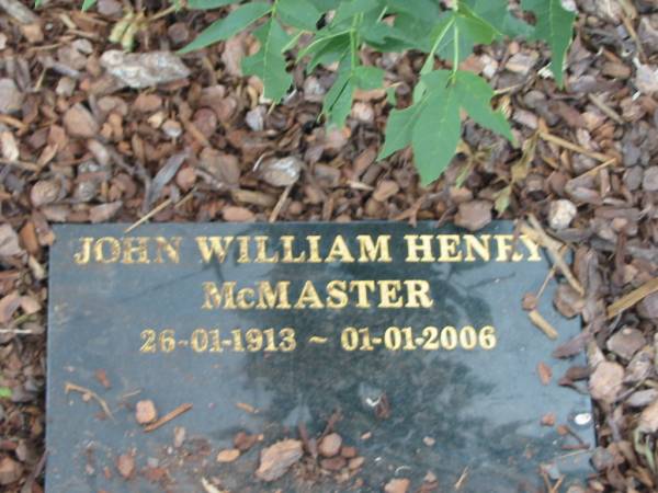 John William Henry MCMASTER,  | 26-01-1913 - 01-01-2006;  | Greenmount cemetery, Cambooya Shire  | 