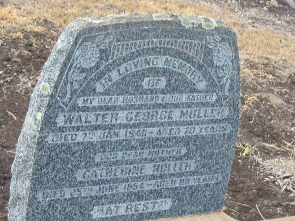 Walter George MOLLER,  | husband father,  | died 7 Jan 1945 aged 70 years;  | Catherine MOLLER,  | mother,  | died 25 June 1954 aged 80 years;  | Greenmount cemetery, Cambooya Shire  | 