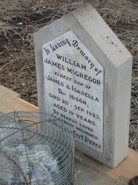 William James McGregor,  | eldest son of James & Isabella DAVIDSON,  | died 20 Sept 1923 aged 19 years;  | Greenmount cemetery, Cambooya Shire  | 