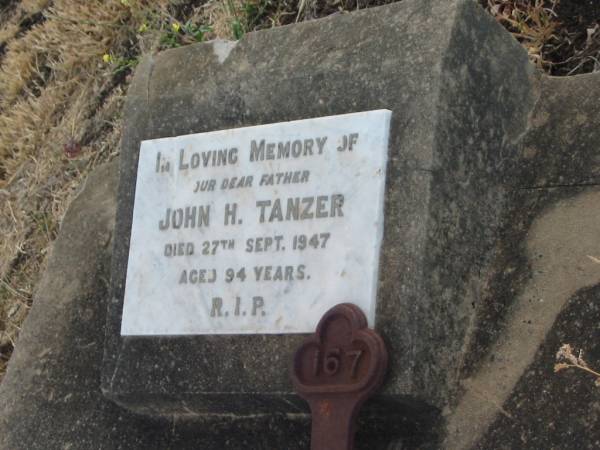 John H. TANZER,  | father,  | died 27 Sept 1947 aged 94 years;  | Greenmount cemetery, Cambooya Shire  | 