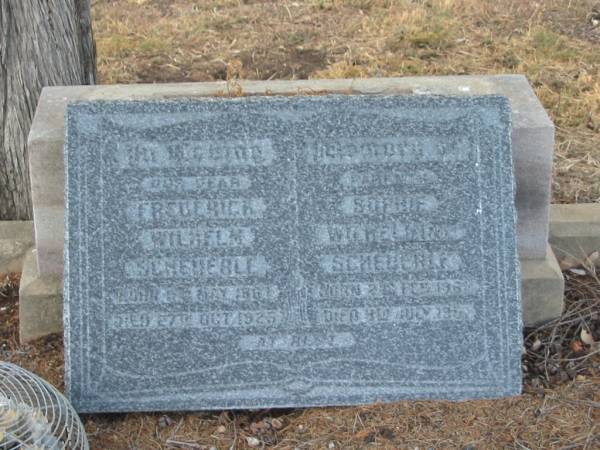 parents;  | Frederick Wilhelm SCHEUERLE,  | born 5 May 1867,  | died 27 Oct 1925?;  | Sophie Wilhelmine SCHEUERLE,  | born 2 Feb 1868,  | died 5 July 1951;  | Sophia Wilhelmiena PATTISON,  | born 8 Oct 1909,  | died 24 May 1989;  | Greenmount cemetery, Cambooya Shire  | 