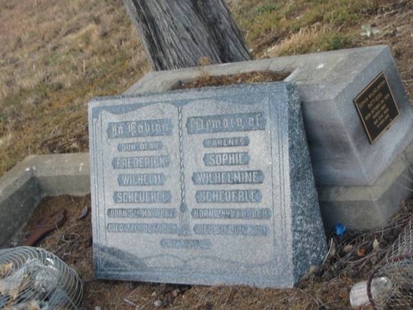 parents;  | Frederick Wilhelm SCHEUERLE,  | born 5 May 1867,  | died 27 Oct 1925?;  | Sophie Wilhelmine SCHEUERLE,  | born 2 Feb 1868,  | died 5 July 1951;  | Sophia Wilhelmiena PATTISON,  | born 8 Oct 1909,  | died 24 May 1989;  | Greenmount cemetery, Cambooya Shire  | 