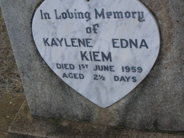 Kaylene Edna KIEM,  | died 1 June 1959 aged 2 1/2 days;  | Greenwood St Pauls Lutheran cemetery, Rosalie Shire  | 