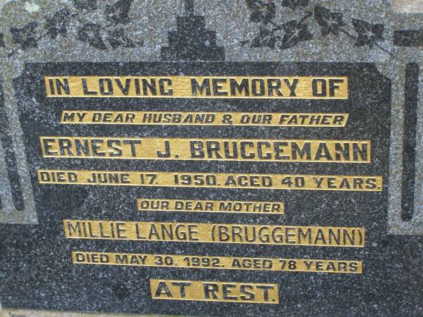 Ernest J. BRUGGEMANN,  | husband father,  | died 17 June 1950 aged 40 years;  | Millie LANGE (BRUGGEMANN),  | mother,  | died 30 May 1992 aged 78 years;  | Greenwood St Pauls Lutheran cemetery, Rosalie Shire  | 