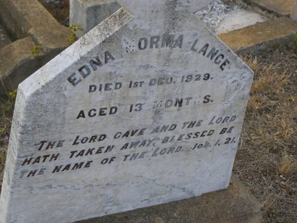 Edna Norma LANGE,  | died 1 Dec 1929 aged 13 months;  | Greenwood St Pauls Lutheran cemetery, Rosalie Shire  | 