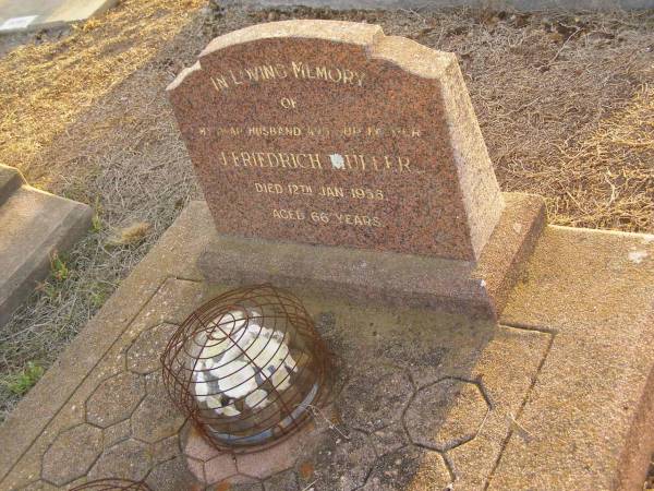 J. Friedrich MULLER,  | husband father,  | died 12 Jan 1956 aged 66 years;  | Greenwood St Pauls Lutheran cemetery, Rosalie Shire  | 