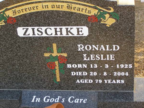 Ronald Leslie ZISCHKE,  | born 13-3-1925,  | died 20-8-2004 aged 79 years;  | Greenwood St Pauls Lutheran cemetery, Rosalie Shire  | 