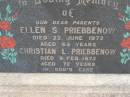 
parents;
Ellen S. PRIEBBENOW,
died 22 June 1972 aged 63 years;
Christian L.PRIEBBENOW,
died 9 Feb 1973 aged 72 years;
Greenwood St Pauls Lutheran cemetery, Rosalie Shire
