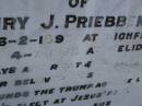 
Henry J. PRIEBBENOW,
born 6-2-1895 Highfields,
died 4-7-1962 Helidon;
Greenwood St Pauls Lutheran cemetery, Rosalie Shire
