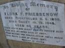 
Flora F. PRIEBBENOW,
born 8-3-1899 Highfields,
died 13-10-1945 Oakey aged 46 years;
Greenwood St Pauls Lutheran cemetery, Rosalie Shire
