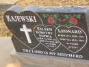 
Eileen Dorothy Sophia KAJEWSKI,
born 5 Nov 1912,
died 18 Mar 2002 aged 89 years;
Leonard KAJEWSKI,
born 29 Nov 1909,
died 3 Aug 1998 aged 88 years;
Greenwood St Pauls Lutheran cemetery, Rosalie Shire
