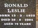 
Ronald Leslie ZISCHKE,
born 13-3-1925,
died 20-8-2004 aged 79 years;
Greenwood St Pauls Lutheran cemetery, Rosalie Shire
