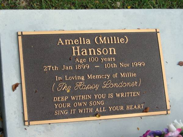 Amelia (Millie) HANSON  | B: 27 Jan 1899  | D: 10 Nov 1999  |   | St Matthew's (Anglican) Grovely, Brisbane  | 
