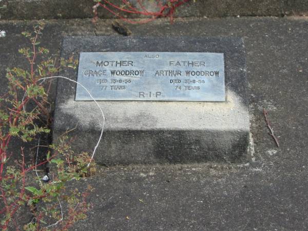 mother  | Grace WOODROW  | 15-8-56  | 77 yrs  |   | father  | Arthur WOODROW  | 31-8-56  | 74 yrs  |   | St Matthew's (Anglican) Grovely, Brisbane  | 