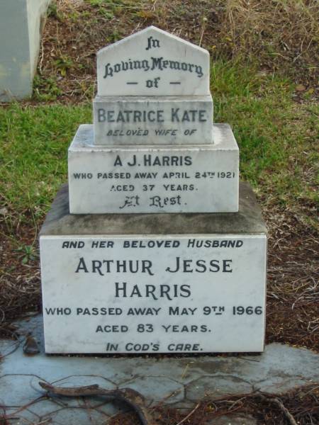 Beatrice Kate  | wife of A J HARRIS  | 24 Apr 1921  | aged 37 yrs  |   | husband  | Arthur Jesse HARRIS  | 9 May 1966  | 83 yrs  |   | St Matthew's (Anglican) Grovely, Brisbane  | 