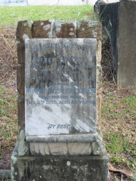 Alfred BROOKER  | late of Surrey England  | 31 Aug 1931  | aged 63 yrs  |   | wife  | Minnie Rose BROOKER  | 5 Oct 1959  | 85 yrs  |   | St Matthew's (Anglican) Grovely, Brisbane  | 