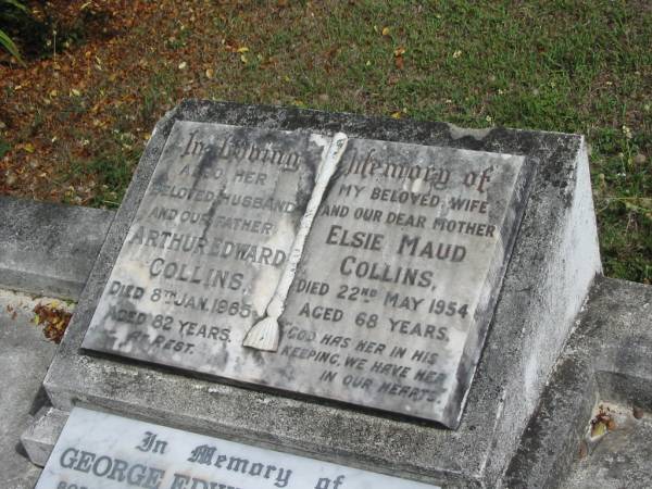 wife  | Elsie Maud COLLINS  | 22 May 1954  | aged 68  |   | husband  | Arthur Edward COLLINS  | 8 Jan 1965  | 82 yrs  |   | St Matthew's (Anglican) Grovely, Brisbane  | 