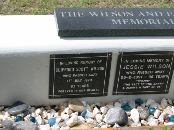 Wilson and families memorial  |   | Clifford Scott WILSON  | 1 Jul 1979  | 83 yrs  |   | Jessie WILSON  | 23-2-1991  | 96 yrs  |   | Edmond Scott WILSON  | 6 Dec 1968  | 44 yrs  |   | St Matthew's (Anglican) Grovely, Brisbane  | 