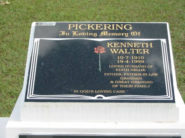 PICKERING  | Kenneth Walter  | B: 10-7-1910  | D: 19-4-1999  | husband of Edith Nellie  |   | eldest son  | Graham Walter PICKERING  | B: 6-4-1941  | D: 26-6-2002  |   | St Matthew's (Anglican) Grovely, Brisbane  | 