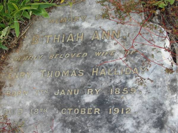 Bithiah Ann  | (wife of Henry Thomas HALLIDAY)  | B: 7 Jan 1859  | D: 18 Oct 1912  |   | St Matthew's (Anglican) Grovely, Brisbane  | 