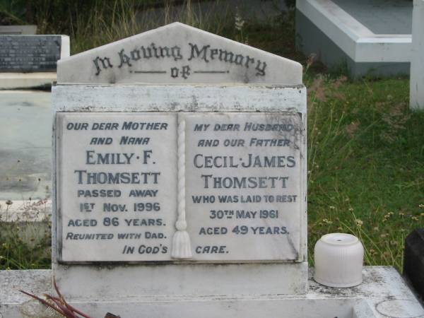 Emily F THOMSETT  | 1 Nov 1996  | aged 86  |   | husband  | Cecil James THOMSETT  | 30 May 1961  | aged 49  |   | St Matthew's (Anglican) Grovely, Brisbane  | 