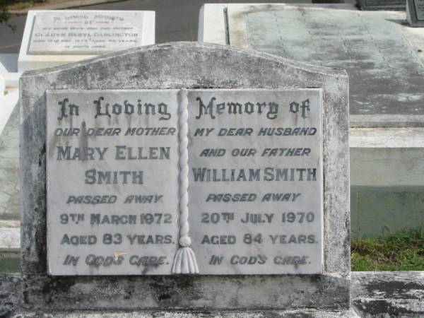 Mary Ellen SMITH  | 9 Mar 1972  | 83 yrs  |   | husband  | William Smith  | 20 Jul 1970  | 84 yrs  |   | St Matthew's (Anglican) Grovely, Brisbane  | 