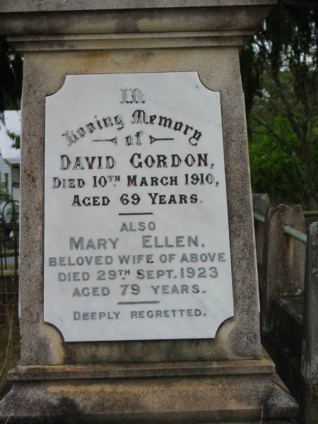 David GORDON  | 10 Mar 1910  | aged 69  |   | wife  | Mary Ellen  | 29 Sep 1923  | aged 79  |   | St Matthew's (Anglican) Grovely, Brisbane  | 