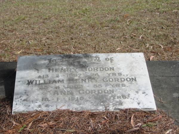 Henry GORDON  | 13-2-1897  | 75 yrs  |   | William Henry GORDON  | 25-4-1903  | 55 yrs  |   | Ann GORDON  | 18-1-1916  | 85 yrs  |   | St Matthew's (Anglican) Grovely, Brisbane  | 