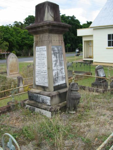 Jeannie Abbott FERGUSON  | wife of James FERGUSON  | of Abbotsford, Enoggera  | 11 Oct 1917  | aged 60 yrs  |   | James FERGUSON  | 24 Apr 1926  | aged 87  |   | sons  | Hector James Abbott FERGUSON  | killed in Belgium  | 21 Oct 1917  | aged 30  |   | Douglas Abbott FERGUSON  | died at Leighterton, England  | 18 Aug 1918  | aged 29 yrs  |   | St Matthew's (Anglican) Grovely, Brisbane  | 