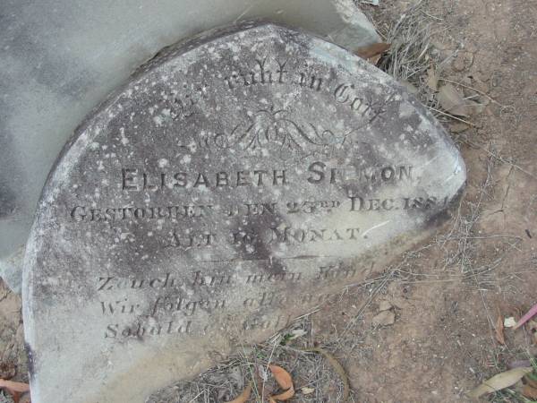 Elisabeth SIEMON,  | died 23 Dec 1884 aged 10? months;  | Haigslea Lawn Cemetery, Ipswich  | 