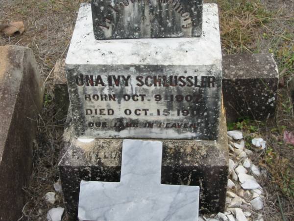 Una Ivy SCHLUSSLER,  | born 9 Oct 1907 died 15 Oct 1907;  | Haigslea Lawn Cemetery, Ipswich  | 
