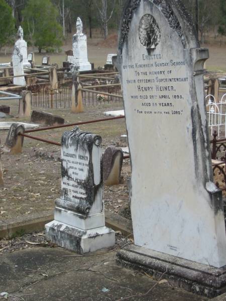 Henry HEINER,  | died 27 April 1895 aged 55 years;  | Elizabeth HEINER,  | died 21 Oct 1926 aged 84 years;  | Lydia HEINER,  | died 24 Jan 1957? aged 72 years 11 months;  | Haigslea Lawn Cemetery, Ipswich  | 