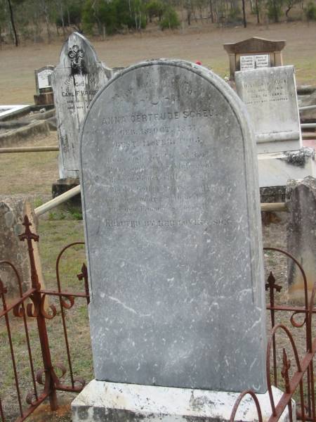 Anna Gertrude SCHEU  | b: 18 Oct 1831, d: 11 Feb 1905  | Haigslea Lawn Cemetery, Ipswich  | 