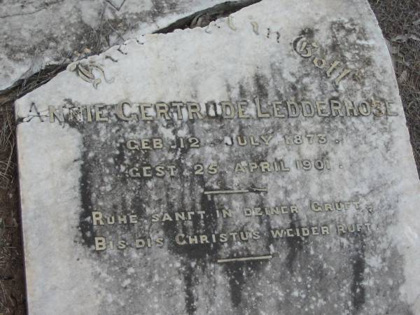 Annie Gertrude LEDDERHOSE  | b: 12 Jul 1873, d: 25 Apr 1901  | Haigslea Lawn Cemetery, Ipswich  | 