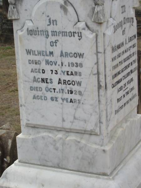 Hermann A ARGOW  | 3 Mar 1922, aged 26  | from the results of a burning accident in the Caledonian Colliery, Walloon  | Wilhelm ARGOW  | 1 Nov 1938, aged 73  | Agnes ARGOW  | 17 Oct 1929, aged 62  | Haigslea Lawn Cemetery, Ipswich  | 