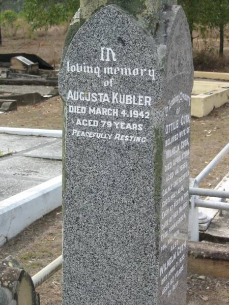 Ottilie GUTH  | (wife of Wilhelm GUTH)  | 27 Apr 1919, aged 64  | Wilhelm GUTH  | 7 Apr 1923, aged 82  | Augusta KUBLER  | 4 Mar 1942, aged 79  | Haigslea Lawn Cemetery, Ipswich  | 